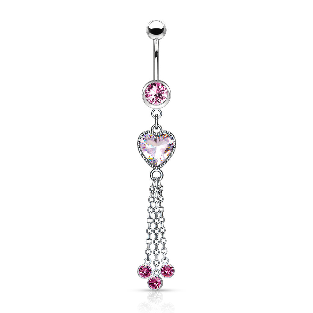 Heart CZ and Chains with CZ Dangle Surgical Steel Belly Button Navel Rings